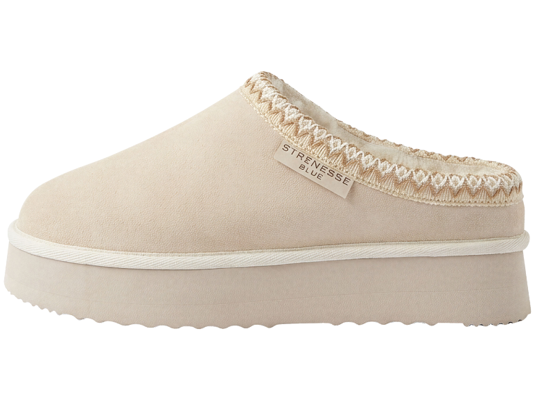 Beige platformslippers met decoratieve bies en dikke zool