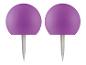 Twee paarse punaises met witte plastic schachten.