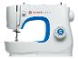 Witte naaimachine met blauw inzetstuk en steekkeuzeknop.