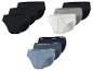 Verpakking van 9 heren katoenen slips in zwart, grijs en blauw.
