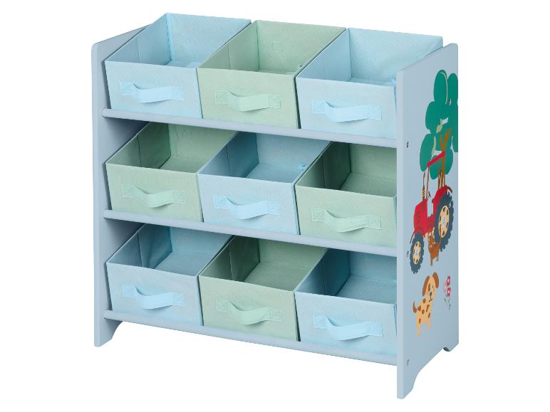 Kinderopbergrek met 9 pastelkleurige stoffen dozen en boerderijmotieven