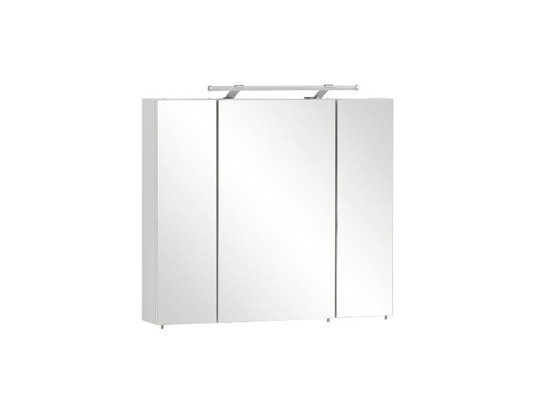 Witte spiegelbadkamerkast met drie deuren en geïntegreerde LED-lichtbalk.