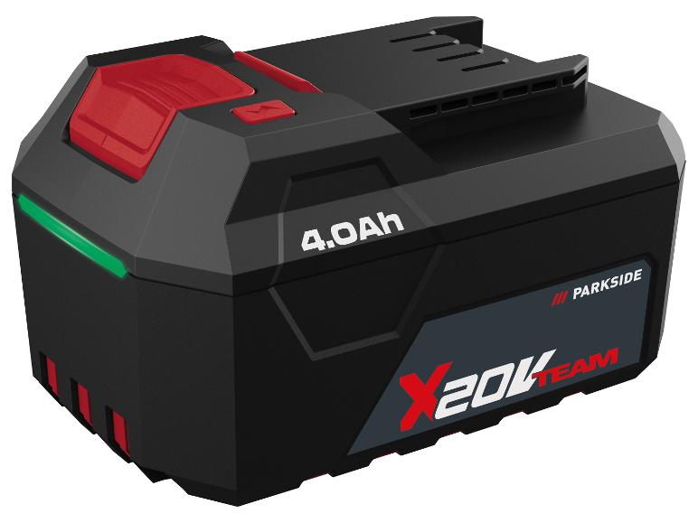 Zwarte en rode 4.0Ah accupack voor elektrisch gereedschap met groene laadindicator.