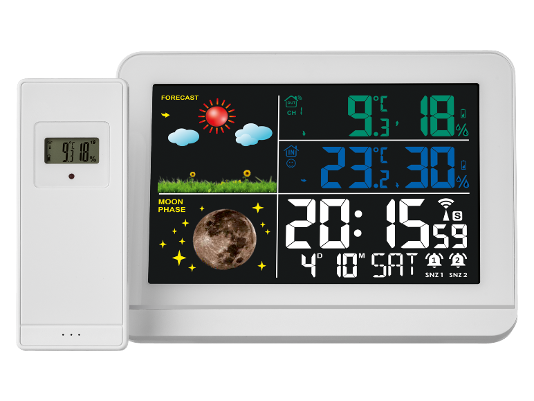 Digitale weerstation met buitensensor toont temperatuur, luchtvochtigheid, voorspelling, maanfase en tijd.
