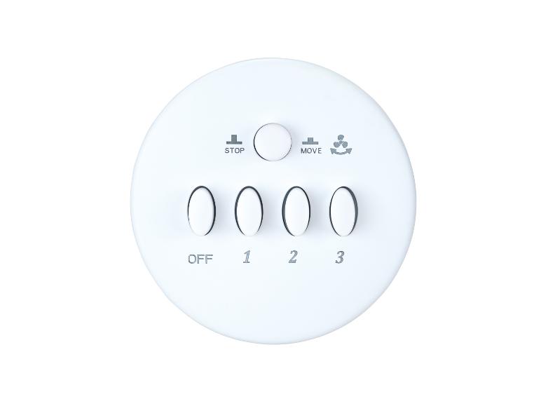 Wit circulair ventilatorbedieningspaneel met stop-, bewegings-, oscillatie- en snelheidsinstellingen (uit, 1, 2, 3).