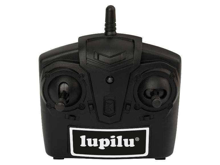 Een zwarte Lupilu afstandsbediening met twee joysticks en een antenne.