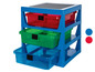 Blauwe opbergkast met drie transparante laden voor LEGO-stenen.