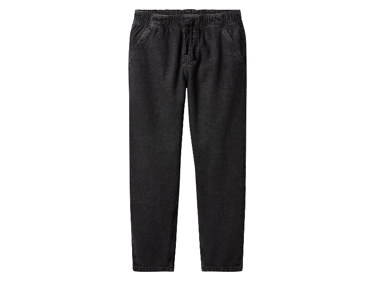 Donkergrijze jeans met trekkoord.