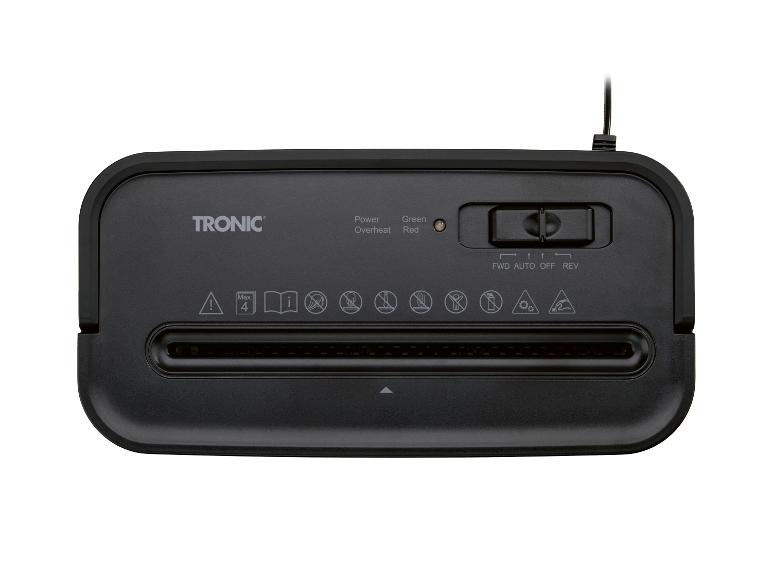 Zwarte TRONIC papierversnipperaar met FWD, AUTO, OFF, REV bediening en Power, Overheat, Green, Red indicatoren.
