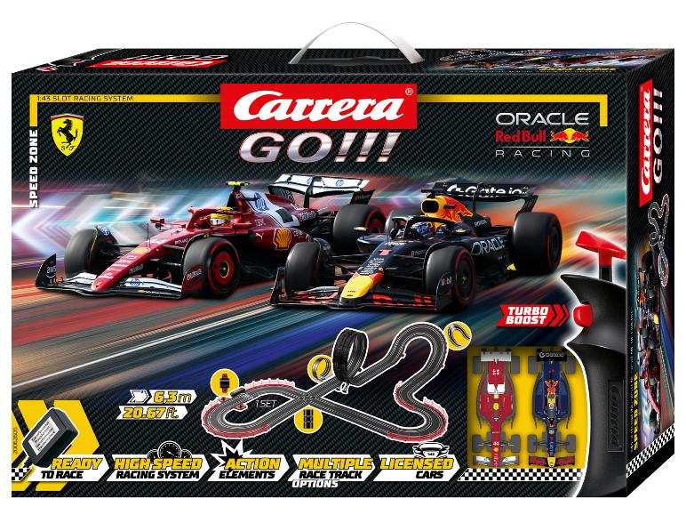 Carrera GO!!! Speed Zone racebaanset doos met Ferrari en Red Bull F1-auto's.