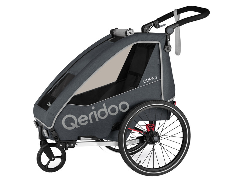 Een grijze Qeridoo Qupa 2 fietskar met een groot achterwiel.
