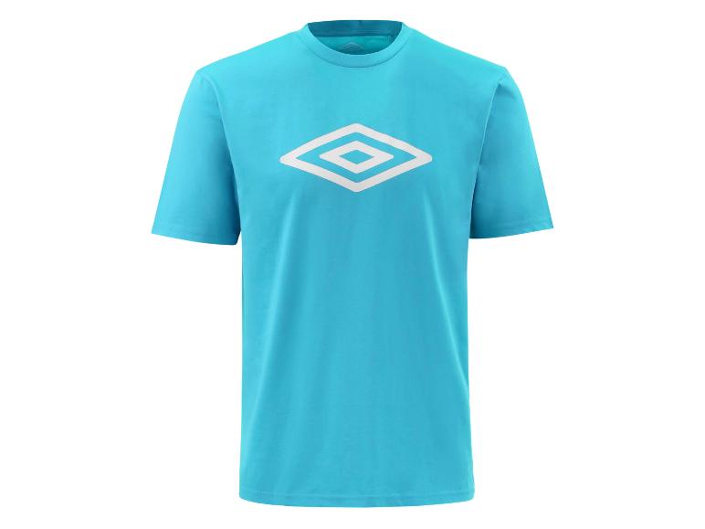 Turquoise T-shirt met een wit ruitlogo op de borst.