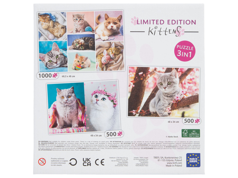 Een 3-in-1 puzzel met schattige kittens, in 1000 en 500 stukjes