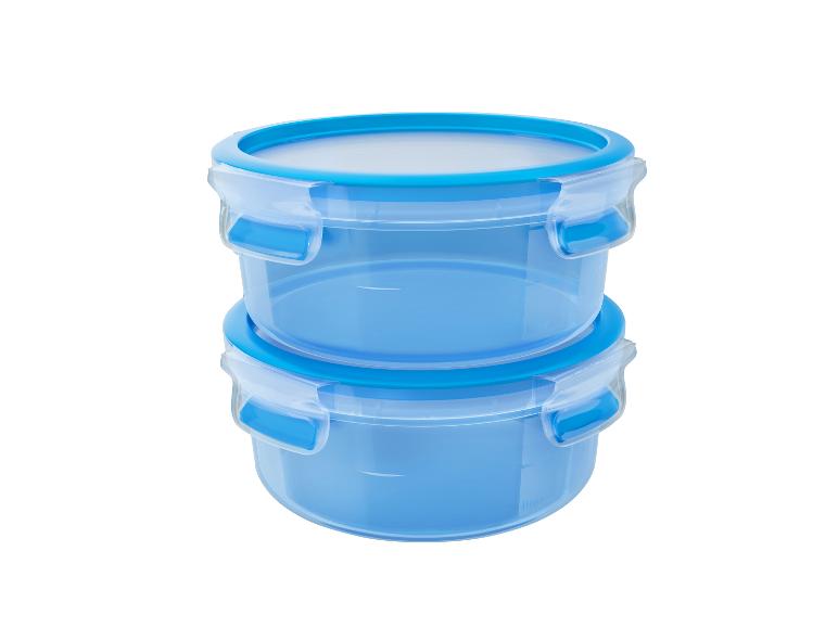 Twee blauwe ronde plastic containers gestapeld met deksels en sluitingen.