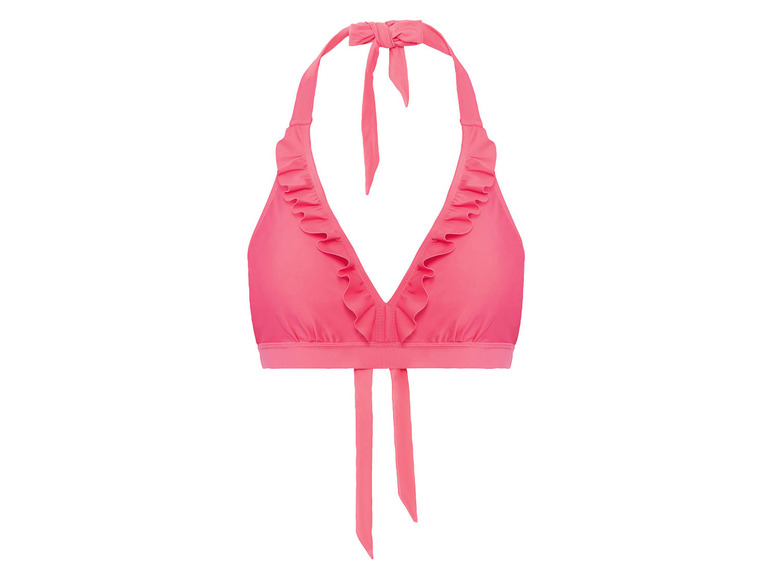 Een roze bikini-top met ruches.