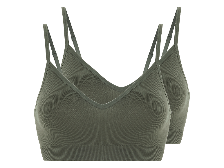 Twee olijfgroene geribbelde sportbeha's.