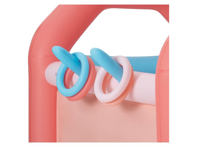 Opblaasbare speelpoort met pastelkleurige ringen voor kinderen.