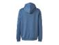Blauwe hoodie met lange mouwen, achteraanzicht.