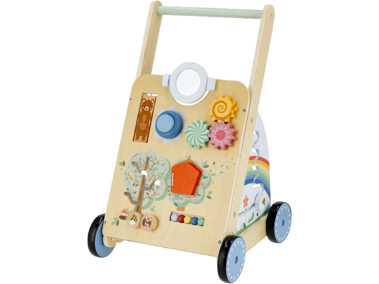 Houten activiteitenloopwagen met spiegel, tandwielen en kleurrijke kralen.