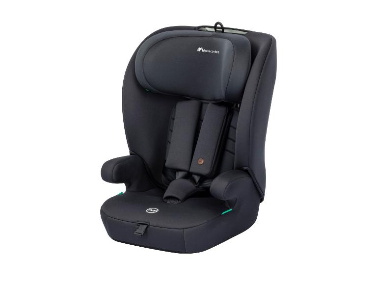 Donkergrijze kinderautostoel met vijfpuntsgordel en verstelbare hoofdsteun.