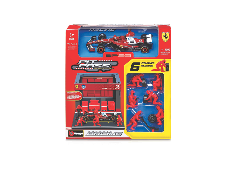 Een speelset voor een raceauto pitstop met een rode auto, garage, baan en zes figuurtjes.