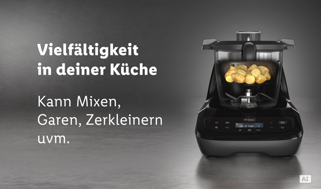 Monsieur Cuisine compact naast een smartphone met geopende Monsieur Cuisine app die recepten weergeeft. (Met AI-watermerk)
