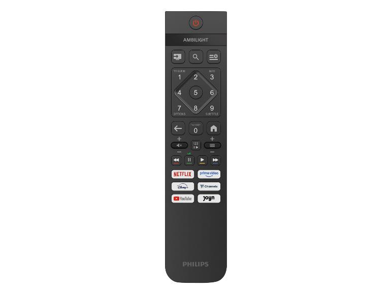 Zwarte tv-afstandsbediening met numerieke en streaming-app-knoppen.