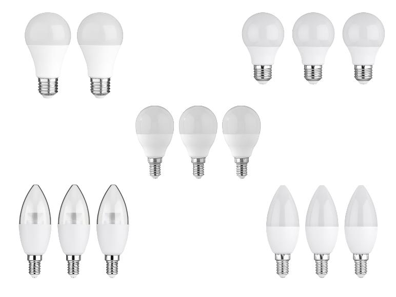 Zes E27 LED-lampen en zes E14 LED-lampen, in verschillende vormen.