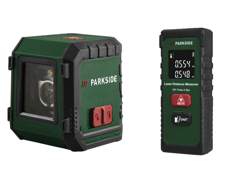Groene laserwaterpas en laserafstandsmeter met digitaal display.