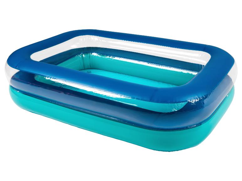 Rechthoekig opblaasbaar zwembad met blauwe, witte en turquoise lagen