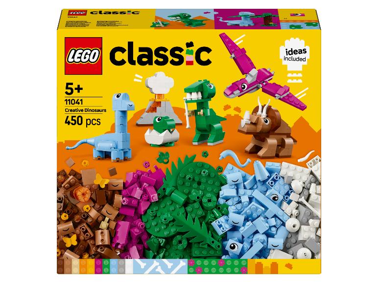 LEGO Classic Creative Dinosaurs doos met 450 onderdelen, met gebouwde dinosaurussen en kleurrijke stenen.