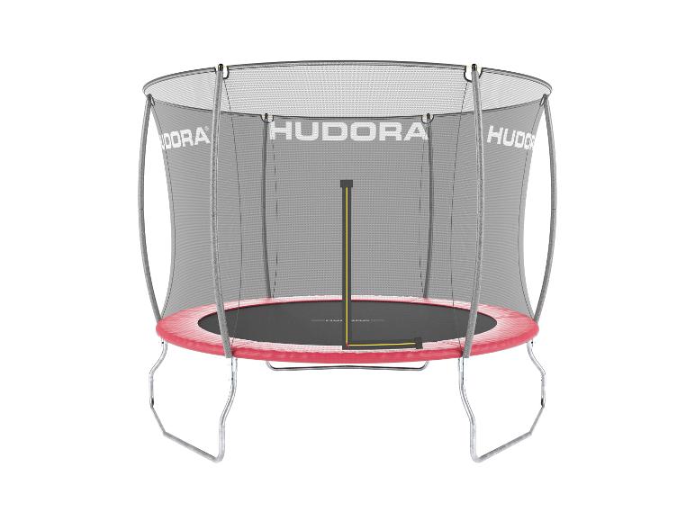 Hudora trampoline met grijs veiligheidsnet en rode rand op een witte achtergrond.