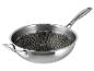 Roestvrijstalen wokpan met een lange steel en een hulpsteel, met een getextureerde binnenkant.