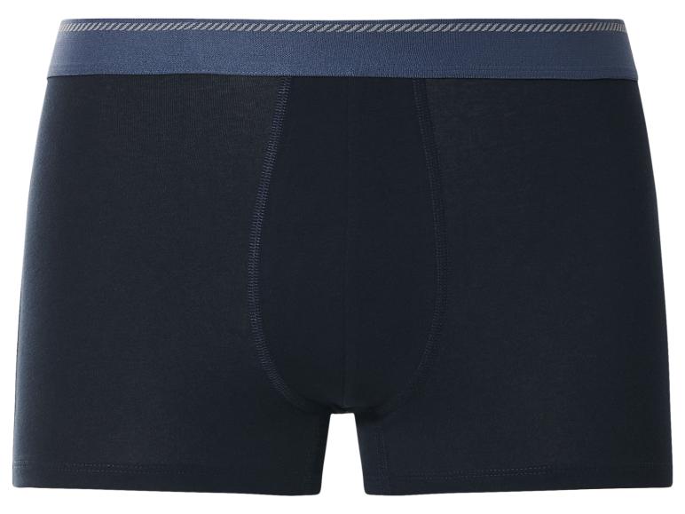 Zwarte herenboxershort met blauwe elastische tailleband en gestreept patroon.