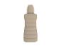 Beige lange gewatteerde bodywarmer met capuchon, achteraanzicht.