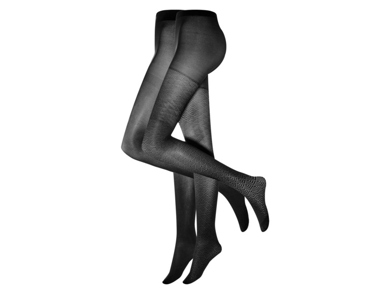 Twee paar zwarte panty's, een met een geometrisch patroon.