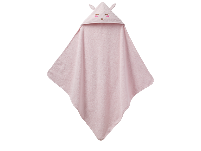 Roze babycapuchonhanddoek met slapend gezicht en oren.