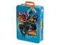 Blauwe Hot Wheels Monster Trucks metalen koffer met oranje handvat en monstertruckafbeeldingen.