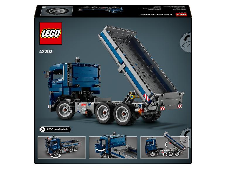 LEGO Technic 42203 doos met een blauwe en grijze kiepwagen met de laadbak omhoog.