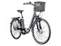 Grijze Zündapp elektrische fiets met voormand en bagagedrager.