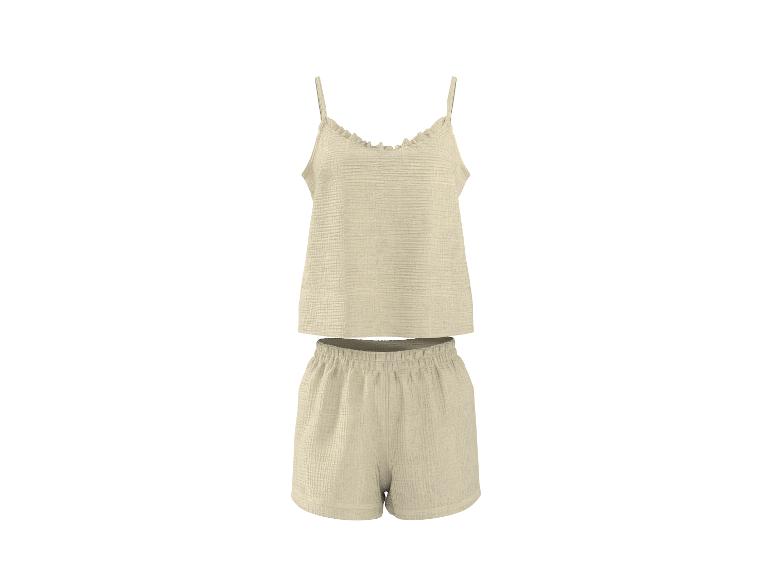 Beige tweedelig pyjamaset met spaghettibandjes top en short.