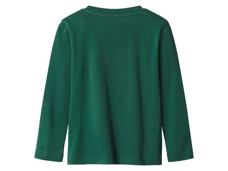 Achterkant van een donkergroen T-shirt met lange mouwen.