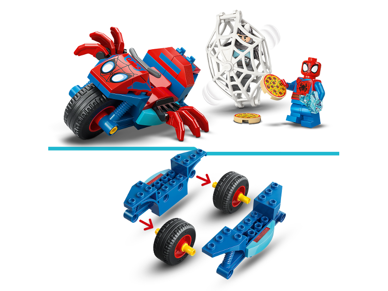 Speelgoedmotor met spinnenthema, minifiguren en bouwinstructies.