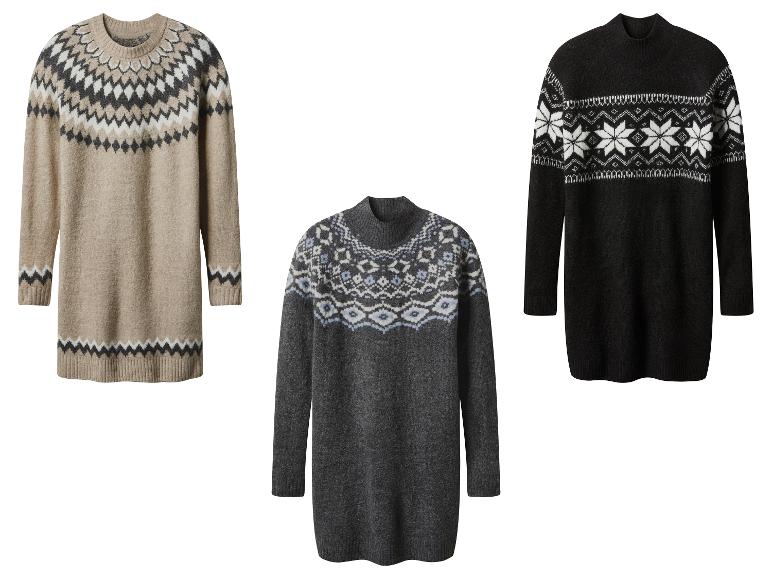 Drie gebreide truien met Noors patroon in beige, grijs en zwart.