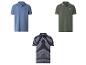 Drie herenpoloshirts: blauw, olijfgroen en marine gestreept.