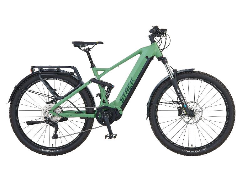 Groene Stack elektrische fiets met bagagedrager.