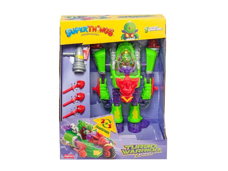 SuperThings Turbo Warrior Speed speelgoed, een groene en paarse robot in een open doos.