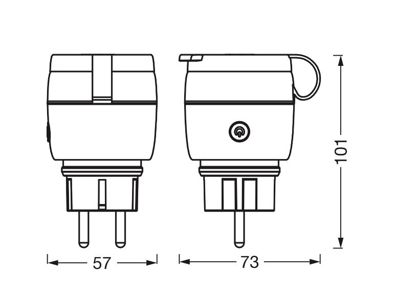 Technische tekening van twee stekkers met afmetingen 57x101mm en 73x101mm.