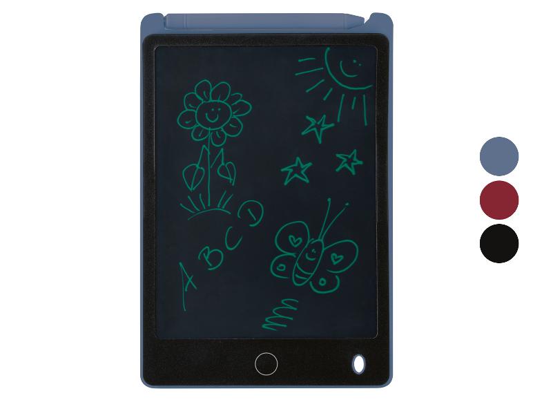 Blauw LCD-schrijftablet met stylus, met een bloem, zon, sterren en een vlinder.