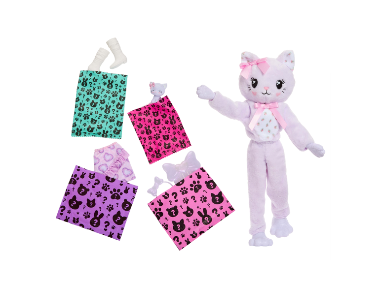 Pluche kattenpop in lila pak met verrassingsaccessoires in zakjes.